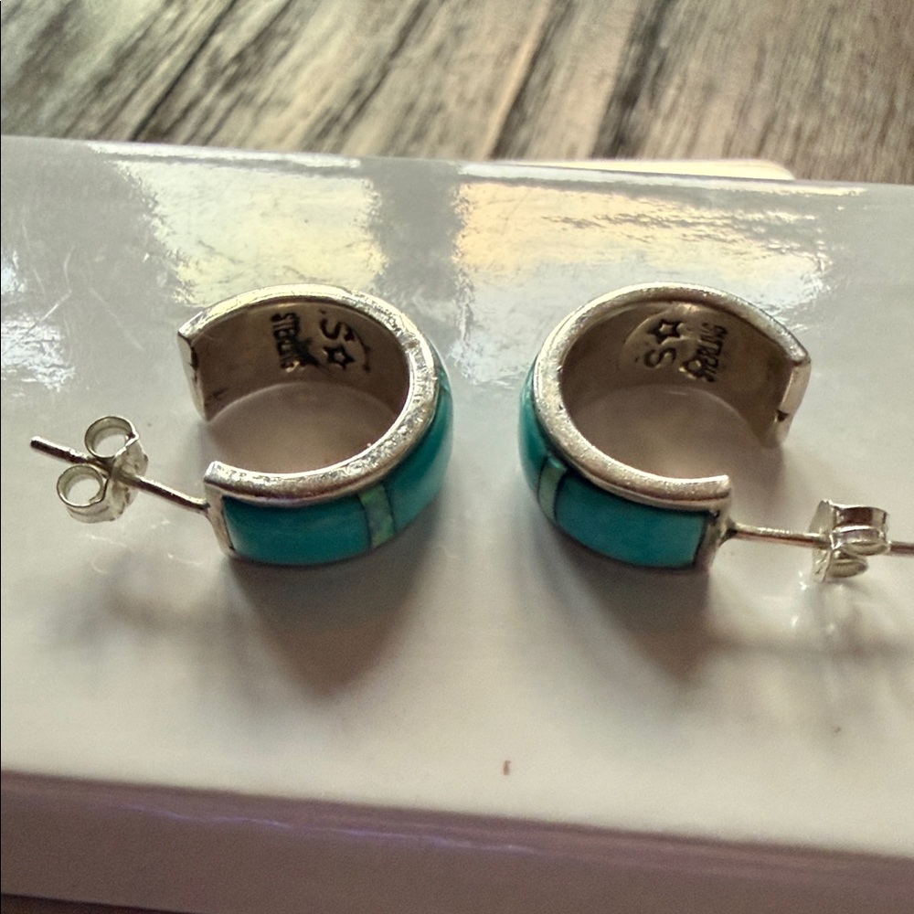 Silver and Turquoise Hoop Earrings - Picture 3 of 7